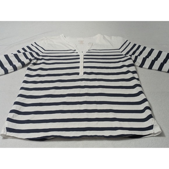 LL Bean Large Top Striped 3/4 Sleeve Button Cotton Blouse White Blue Nautical - Picture 5 of 11